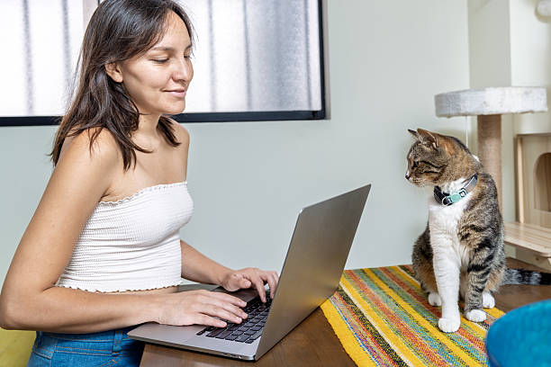 istock Young woman working from home with her cat watching her 2210928406