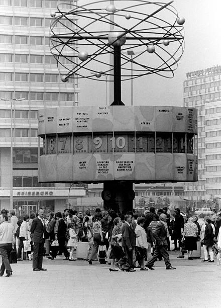 World clock on Alexanderplatz in the center of East Berlin - German Democratic Republic.