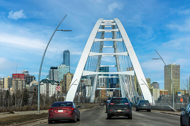 Cars cross the Walterdale Bridge in Edmonton, Canada