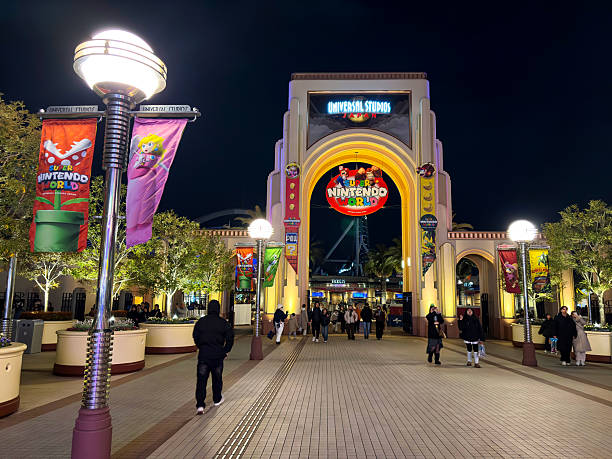 Osaka, Japan: 30 January 2025: Universal Studios Japan Entrance at Night