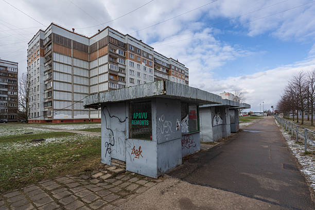Riga, Latvia - March 14, 2025: Ugly buildings in the residential area of ​​Plavnieki