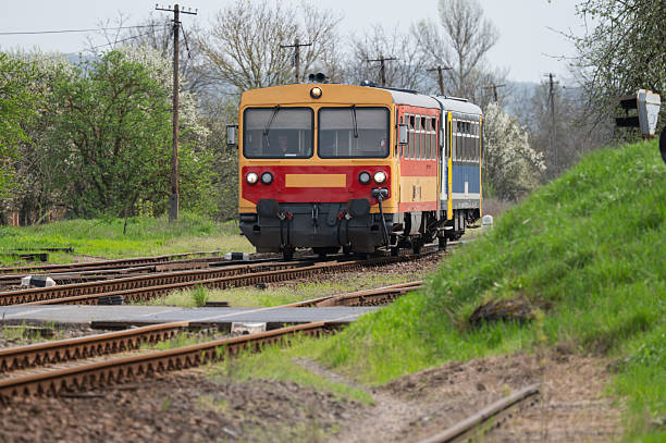 A retro two-carriage train painted in vibrant red, orange, and blue colors is approaching a rural railway crossing. Surrounded by lush green vegetation and blossoming trees, the spring setting creates a nostalgic and peaceful atmosphere. The train is framed by overhead wires and multiple converging tracks.