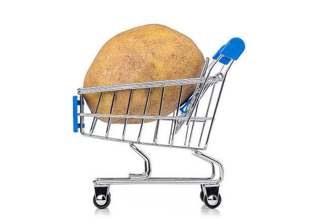 Mini shopping cart with a single large potato inside. Isolated on white background. File contains a path to isolation. Concept of food prices, grocery shopping, potato cost, and affordability.