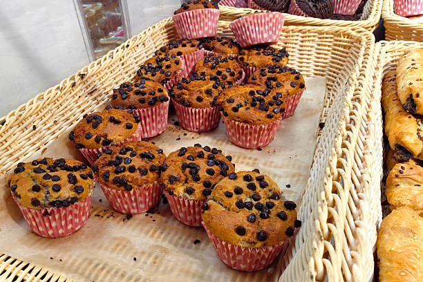 Delightful chocolate chip muffins arranged in a bakery basket