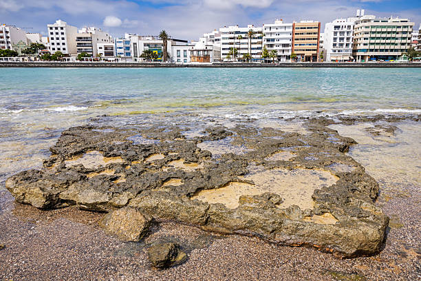 Arrecife, Lanzarote, Canary Islands, Spain - March 11th 2025:  This image captures a rugged lava rock formation exposed by the ebbing tide. The textured volcanic surface, shaped by ancient eruptions, contrasts sharply with the calm, shallow waters surrounding it. In the background, the city skyline of Arrecife rises against the horizon, blending modern architecture with the island’s dramatic natural landscape. The interplay between the raw geological elements and urban development highlights Lanzarote’s unique coastal identity.