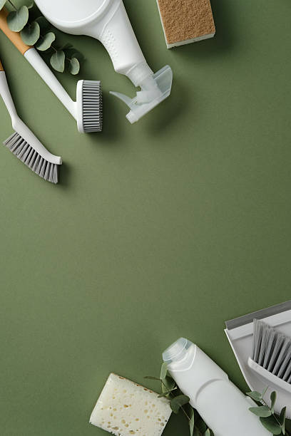 istock Assorted cleaning tools including brushes, sponges, spray bottle, and detergent arranged as a border on a green background. Flat lay composition with central copy space for text or design. 2210974680