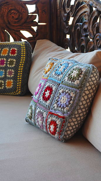 istock Pillow Crochet Handmade Closeup Cozy Multicolor Beige Red Gray 2210976277