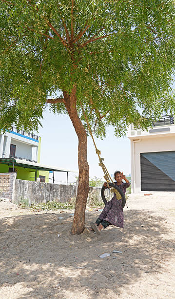 Beawar, Rajasthan, India, April 15, 2025: A girl plays on a swing under tree shade amid scorching heat on a hot summer day at Suhawa village in Beawar.