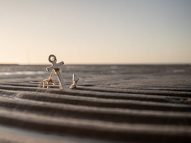 a maritime anchor in mudflats, sunset in the background, clear sky