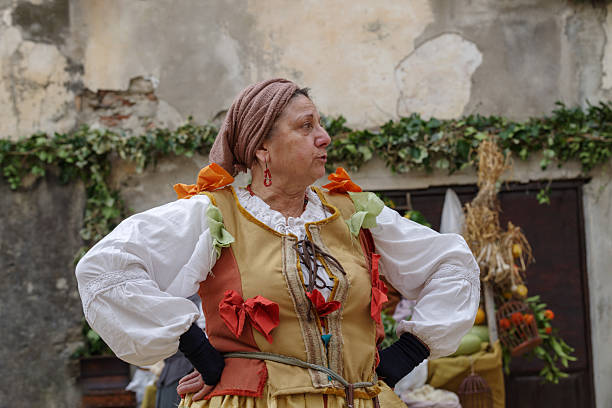 Taggia, Italy - February 23, 2025: Close-up of participant the historical reenactment in the historic city of Taggia, Liguria region of Italy