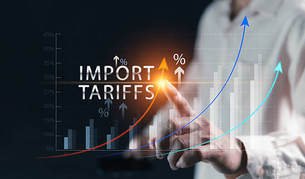 istock Graph Tariffs, US import taxes, building trade bargaining power, global trade wars by raising import taxes, and the direction of US tax hikes that affect economies and stock markets around the world. 2210988191