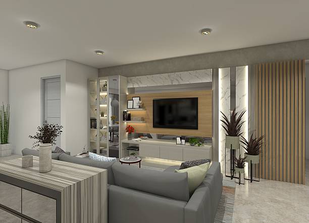 Contemporary 3D living room interior showcasing a TV unit, display shelving, a drawer table, and a couch. Incorporates light gray and beige tones with wood ornaments and integrated lighting.