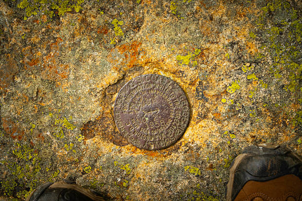 Metal marker on Mt Lafayette on the Appalachian Trail, White Mountain National Forest, NH, USA