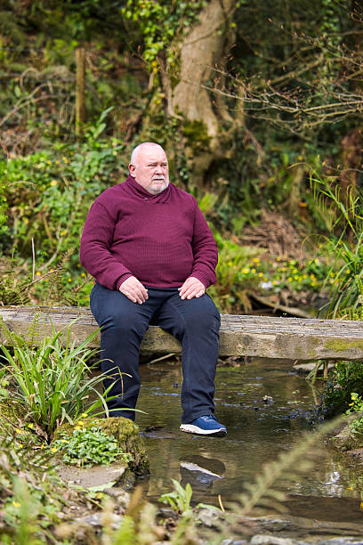 istock Overweight man resting on a bridge spanning a brook 2211000208