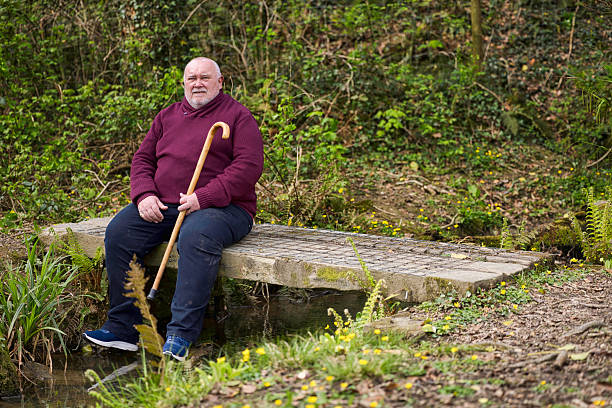 istock Overweight man resting on a bridge spanning a brook 2211000610