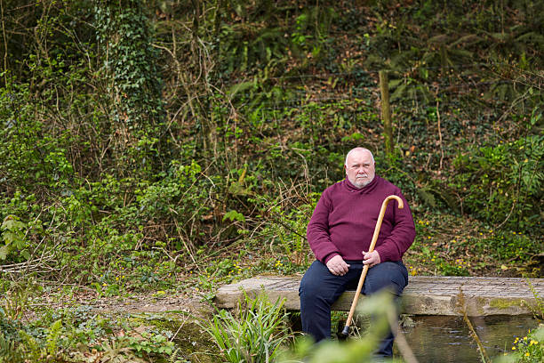 Overweight man resting on a bridge spanning a brook