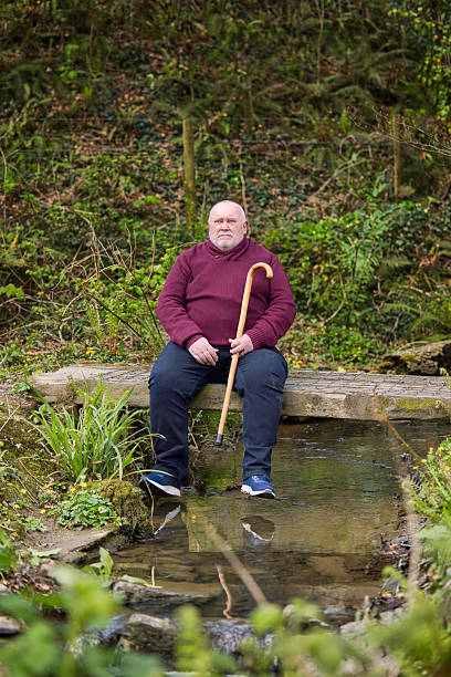 istock Overweight man resting on a bridge spanning a brook 2211002990