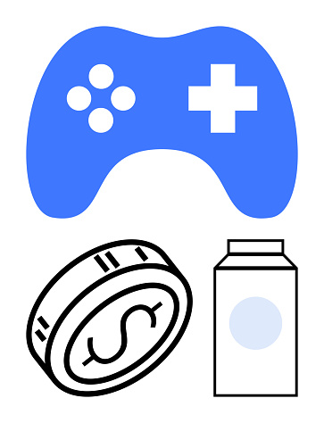 Tech Controller Coin Gaming Controller Coin And Beverage Can Representing Entertainment ...