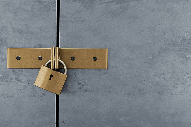istock Padlock locked on iron metal gate.3d illustration. 2211022365