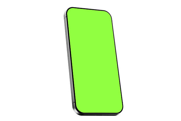 istock Modern smartphone mockup with green screen chroma key isolated a white background in three-quarters 2211029936