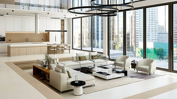 istock Luxury Modern Loft Interior with Open Space Living Room and Kitchen, 3D Rendering 2211032095
