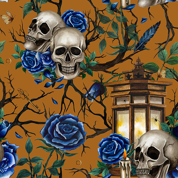 Halloween seamless pattern human skulls, lantern, flowers and dry branches. Watercolor isolated illustration in Gothic style for Day of the Dead on orange background. For wrapping paper, packaging Halloween seamless pattern human skulls, lantern, flowers and dry branches. Watercolor isolated illustration in Gothic style for Day of the Dead on orange background. For wrapping paper, packaging. clip art of a dead rose stock illustrations