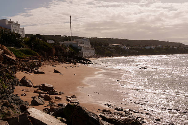 istock Narrow waves, white coastal structures located between green vegetation. Playa del Palmar 2211033143