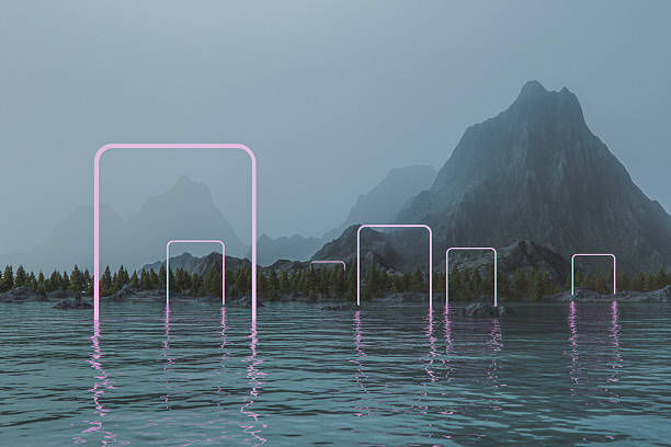 Fantasy landscape with lake and mountains. 3D generated image.