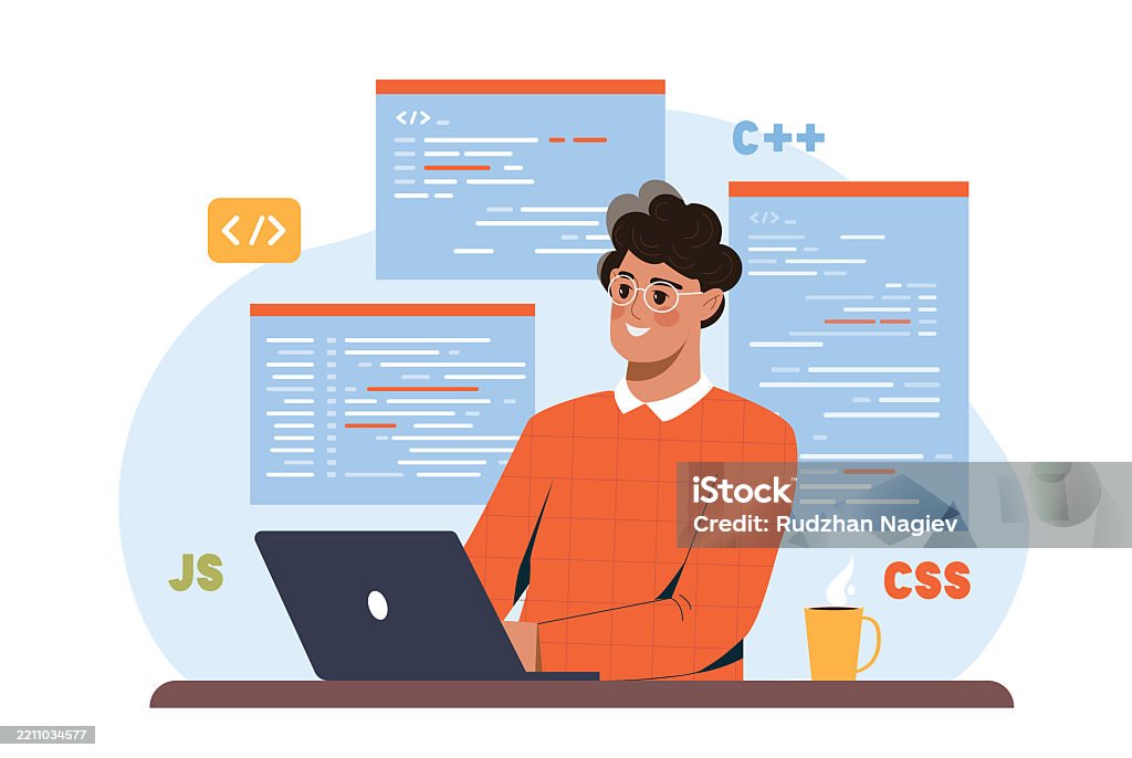 Web Developer Man Young Guy With Laptop Writing Code Programmer And It ...