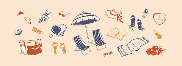Hand drawn doodle summer beach design elements. Coastal sketch background. Coquette style seaside bachelorette gils party. Ambrella, bikini, sunglasses drawing. Italian, French, Greece vacations Hand drawn doodle summer beach design elements. Coastal sketch background. Coquette style seaside bachelorette gils party. Ambrella, bikini, sunglasses drawing. Italian, French, Greece vacations bachelorette beach stock illustrations