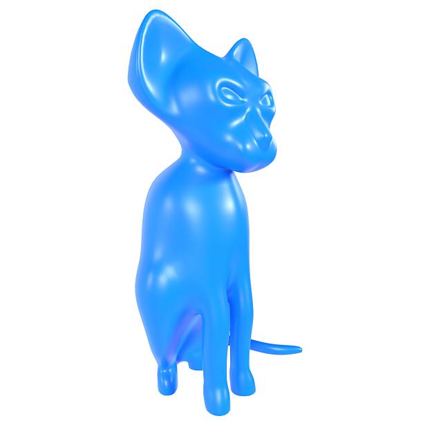 A blue cat sculpture stands in a static pose on a white surface.