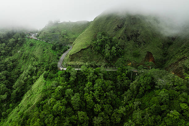 Aerial view curving highway in lush mountains, in mist on tropical island, Lombok