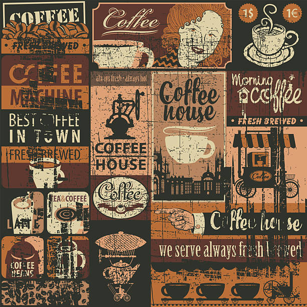 seamless pattern on the theme of coffee house Vector seamless pattern on the theme of coffee house or coffee shop, cafe or restaurant. With banners, posters, menu, price lists and labels in vintage style. Suitable for wallpaper. food sample cups stock illustrations