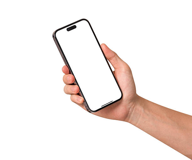 istock Hand holding smartphone with blank screen isolated on white background. 2211049833