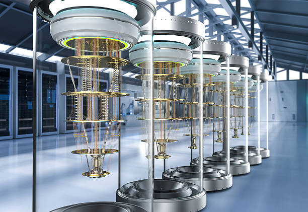 3d rendering group of quantum computer machines in shield capsules at laboratory