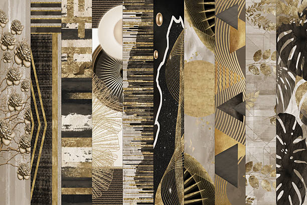istock 3d interior wall home classic wallpaper decoration. mural set of collection multi-design wallpapers. pattern and geometric and lines shapes. leaves, ginkgo deer and dandelion on brown background. 2211056010