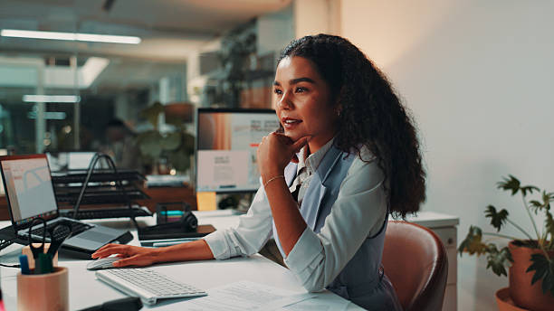 istock Thinking, editing and business woman on computer for digital magazine, publishing and journalism. Creative office, media agency and person online for article, report and research for publication 2211061628