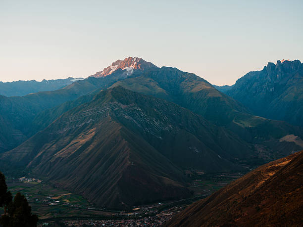 Scenic view of Sacred Valley in Peru with snowcapped mountains in the distance