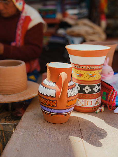 Traditional pottery from Urubamba valley on market  in Peru