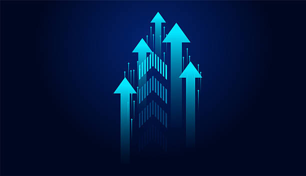 istock The blue arrows curving upward against a dark, starry background. The center arrow is the largest, symbolizing dominant growth or leadership, while the smaller surrounding arrows 2211068662