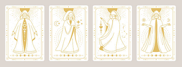 istock Set of Modern magic witchcraft cards with witch or female figure in a wizard robe. Occult Line art vector illustration 2211072400