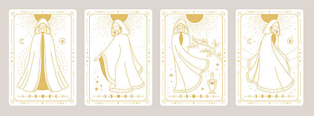 istock Set of Modern magic witchcraft cards with witch or female figure in a wizard robe. Occult Line art vector illustration 2211072732