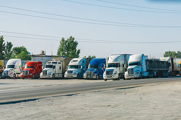 Rows of Semi Trucks Parked at a Rest Stop in Chihuahua Mexico