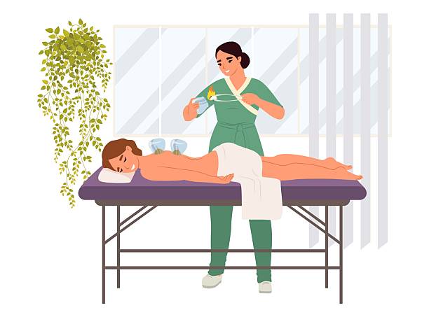 A skilled practitioner uses herbal remedies to treat a client receiving oriental medicine therapy on a massage table. The calming environment enhances relaxation A skilled practitioner uses herbal remedies to treat a client receiving oriental medicine therapy on a massage table. The calming environment enhances relaxation. pain management centers stock illustrations