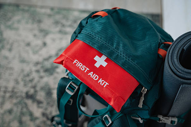 istock A very useful first aid kit is conveniently sitting on top of a sturdy backpack that is located next to a colorful yoga mat on the floor, ready for any emergencies or activities 2211090275