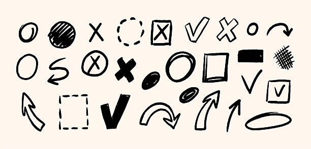 istock Vector Illustration of Hand Drawn Marker Icons with Check Marks, Crosses, Arrows, and Circles 2211091578