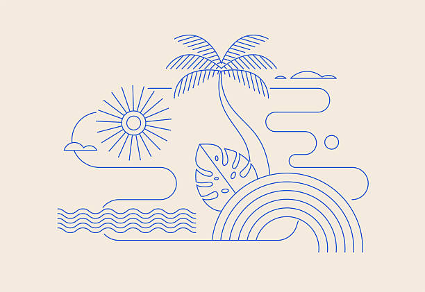 Minimalist summer concept design. Linear simple, modern style. Summer background with palms, beach, sea and sun vector illustration