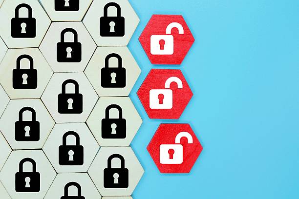 istock hexagon with lock and unlock icons. safety and security 2211099095