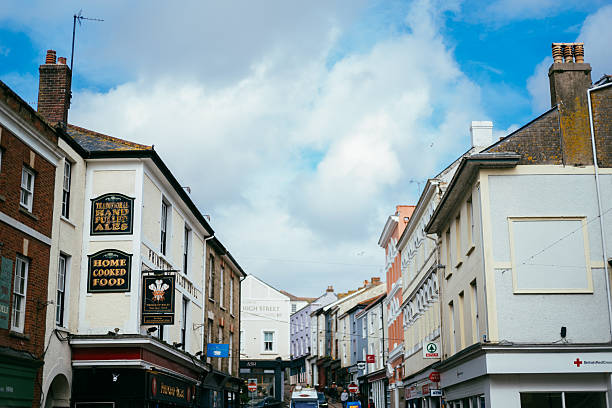 Views of everyday life along the main street in the town of Falmouth in the Cornwall region of England, United Kingdom.