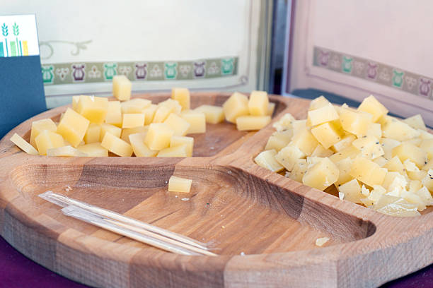 Take away portions with Cheese blocks on the market stall